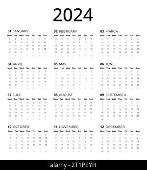 Calendario per il 2024, 2024 modello Calendario che è possibile utilizzare per semplificare la progettazione del calendario. Design Simple Calendar 2024 Foto Stock