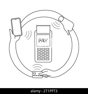 Icona di pagamento senza contatto. Mani con smartphone, smart Watch e carta di credito vicino al terminale POS. Pagamenti wireless, senza contatto o senza contanti Illustrazione Vettoriale