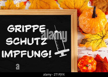 15 ottobre 2023: Immagine icona vaccinazione antinfluenzale, lavagna accanto alle foglie autunnali con testo protezione antinfluenzale FOTOMONTAGGIO *** Grippeschutz Impfung Symbolbild, Tafel neben Herbstlaub mit Text Grippe Schutz Impfung FOTOMONTAGE credito: Imago/Alamy Live News Foto Stock