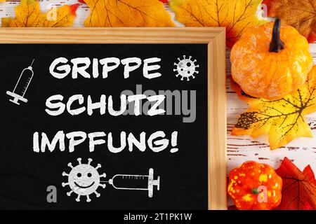 15 ottobre 2023: Immagine icona vaccinazione antinfluenzale, lavagna accanto alle foglie autunnali con testo protezione antinfluenzale FOTOMONTAGGIO *** Grippeschutz Impfung Symbolbild, Tafel neben Herbstlaub mit Text Grippe Schutz Impfung FOTOMONTAGE credito: Imago/Alamy Live News Foto Stock