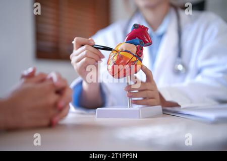 Le donne del medico cardiologo asiatico spiegano circa anatomico del modello di cuore umano al paziente femminile dopo aver esaminato la salute mentre dà consulenza abou Foto Stock