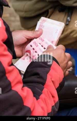 BAC ha, Vietnam. Venditore di mercato che conta il suo denaro. Provincia di Lao Cai. Foto Stock