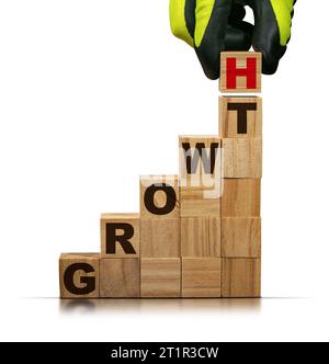 Guanti disposti a mano in blocchi di legno con crescita del testo, isolati su sfondo bianco. Foto Stock