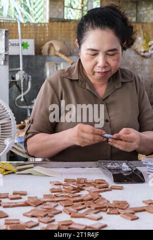 Mekong River, Vietnam. Donna che avvolge caramelle nella fabbrica di caramelle al cocco. Foto Stock