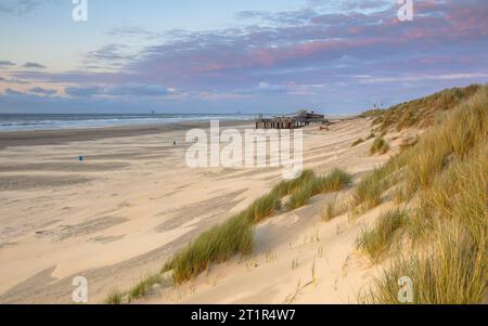 Vista dalla cima delle dune sul tramonto nel Mare del Nord dall'isola di Ameland, Frisia, Olanda Foto Stock