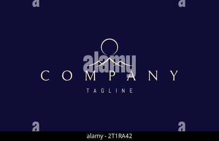 Un logo vettoriale dorato con un'immagine astratta del sole che sorge sulle montagne. Illustrazione Vettoriale