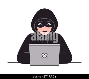 Personaggio hacker con felpa nera con cappuccio e computer portatile. Illustrazione di attacchi informatici e vettori di sicurezza. Illustrazione Vettoriale