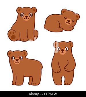 Carino set da disegno con cuccioli di orso marrone. Semplice illustrazione della clip art vettoriale. Illustrazione Vettoriale