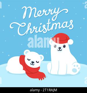 Simpatici cuccioli di orso polare bianco cartoni animati in cappello e sciarpa invernale con testo buon Natale. Semplice illustrazione grafica vettoriale, banner natalizio. Illustrazione Vettoriale