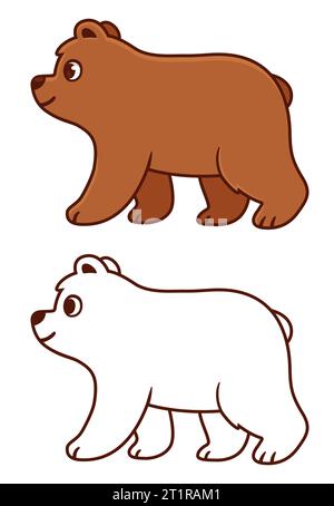 Carino disegno dell'orso del bambino dei cartoni animati. Orso bruno che cammina nella vista del profilo. Disegno a colori e nero e linee per la colorazione. Illustrazione della clip art vettoriale Illustrazione Vettoriale