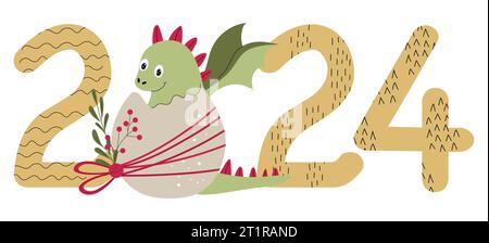 Striscione vettoriale Capodanno 2024 con un grazioso drago nell'uovo invece che zero. Numeri disegnati a mano con texture. Illustrazione Vettoriale