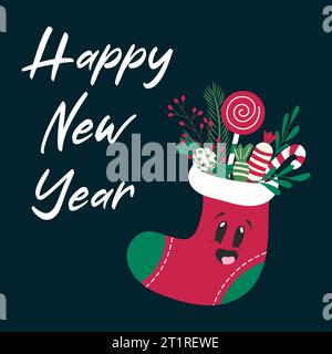 Divertente biglietto d'auguri con calza di buon Natale piena di caramelle. Illustrazione Vettoriale
