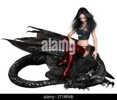 Dragon Tamer femmina seduto su un Drago Nero Foto Stock
