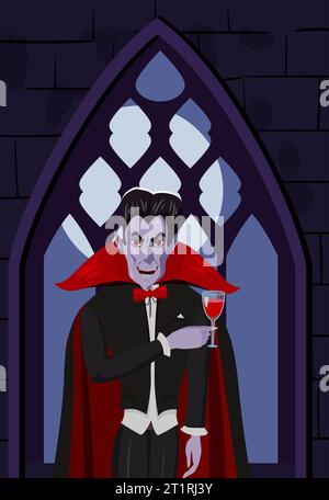 Personaggio vampiro Dracula in mantello rosso nero con wineglass, finestra scura del castello, luna, interno. Stile cartone animato illustrazione vettoriale isolato Illustrazione Vettoriale