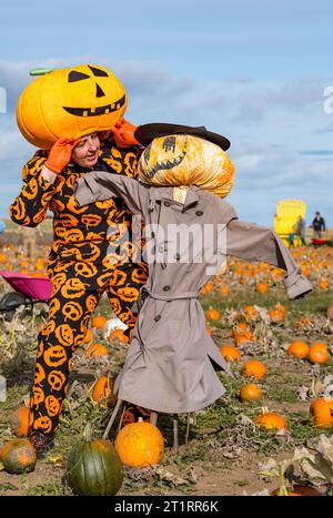 Kilduff Farm, East Lothian, Scozia, Regno Unito, 15 ottobre 2023. Pumpkin Patch Festival: La famosa toppa di zucca apre questo fine settimana con i visitatori che si godono le zucche culinarie e di Halloween e il clima soleggiato. Nella foto: Uno stravagante spaventapasseri di zucca e un costume di zucca. Crediti: Sally Anderson/Alamy Live News Foto Stock