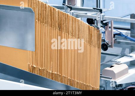 Gli elementi delle scatole corton vengono raccolti in pila. Linea di trasporto per la produzione di scatole. La macchina taglia scatole di cartone da fogli di cartone. Int Foto Stock