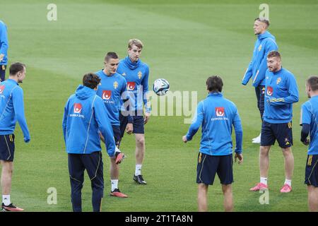 Bruxelles, Belgio. 15 ottobre 2023. I giocatori svedesi raffigurati durante una sessione di allenamento della nazionale svedese di calcio, allo stadio King Baudouin (Stade ROI Baudouin - Koning Boudewijn stadion), domenica 15 ottobre 2023. La nazionale belga di calcio Red Devils gioca contro la Svezia lunedì, partita 7/8 nel gruppo F delle qualifiche Euro 2024. BELGA PHOTO BRUNO FAHY Credit: Belga News Agency/Alamy Live News Foto Stock