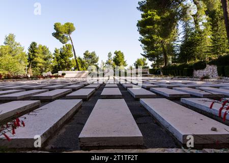 Tombe e memoriali presso il cimitero nazionale di Herzlberg a Gerusalemme. Prende il nome da Theodor Herzl, il fondatore del sionismo politico moderno. Foto Stock