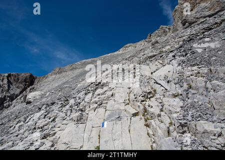 Steiler Aufstieg auf blau-weisser Route zur Urner Älplilücke Foto Stock