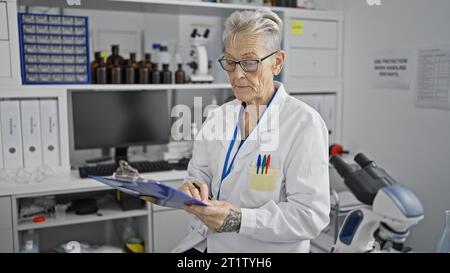 Donna scienziata dai capelli grigi, con camice da laboratorio, che prende appunti intricati nel laboratorio del centro in mezzo alla ricerca scientifica Foto Stock