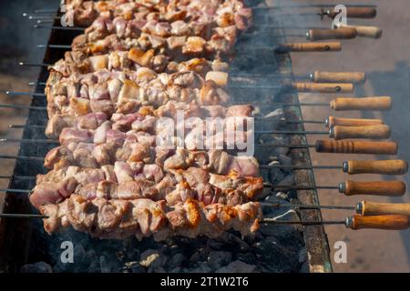 I tradizionali Kebab di maiale Souvlaki vengono cucinati all'Amargeti Olive Festival, Amargeti, Repubblica di Cipro. Foto Stock