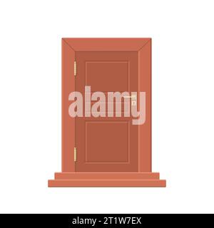 Porta realistica in legno marrone con maniglie e cerniere in rame Illustrazione Vettoriale