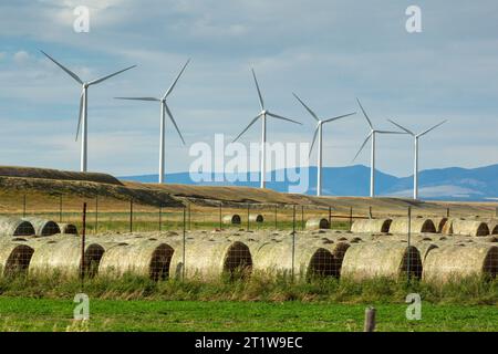 Il parco eolico Twodot da 9,72 megawatt (MW) o due turbine Dot Montana e GE nella parte centro-occidentale della contea di Wheatland, Montana. Il produttore dei sei Foto Stock