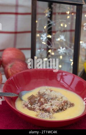 Una grande ciotola di rabarbaro, mela e crumble alla cannella con una crema pasticcera Foto Stock