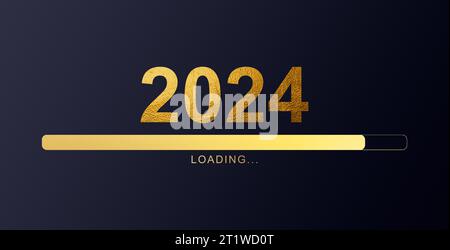 Processo di caricamento prima del nuovo anno 2024. Simbolo della celebrazione del nuovo anno 2024. Barra di caricamento dorata con scintillanti particelle su sfondo nero. Foto Stock