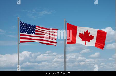 Le bandiere del Canada e degli Stati Uniti sventolano insieme nel vento su un cielo nuvoloso blu, concetto di relazione tra due paesi Foto Stock