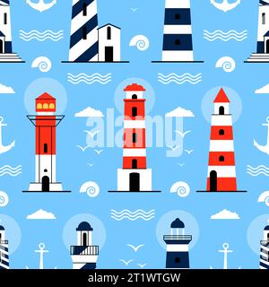 Motivo senza cuciture Lighthouse. Stampa in tessuto nautico, modello decorativo di carta da parati Marine Adventures. Design piatto faro, vettoriale accettabile per l'oceano Illustrazione Vettoriale