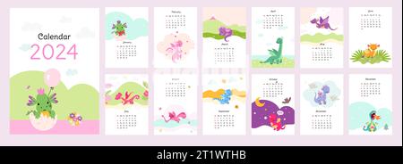 Calendario dei draghi dei cartoni animati. Poster mensili di Capodanno con vari draghi. Simpatici personaggi della mitologia infantile, poster vettoriali di oggi Illustrazione Vettoriale