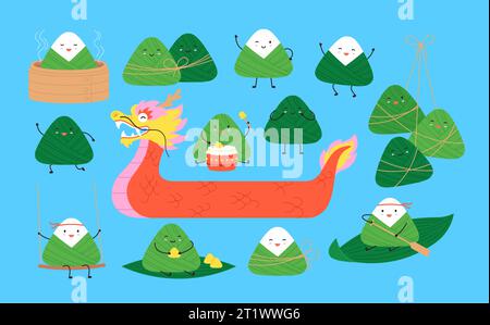 Carini gnocchi di riso e drago boat. Gnocchi asiatici, personaggi del cibo orientale. Zongzi per il festival, divertente collezione vettoriale di razze cinesi Illustrazione Vettoriale