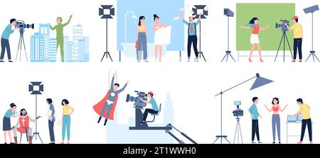 Processo di ripresa del filmato. Squadra di registi e attori. Processo di produzione cinematografica, attrice alla telecamera e regista arrabbiato Illustrazione Vettoriale