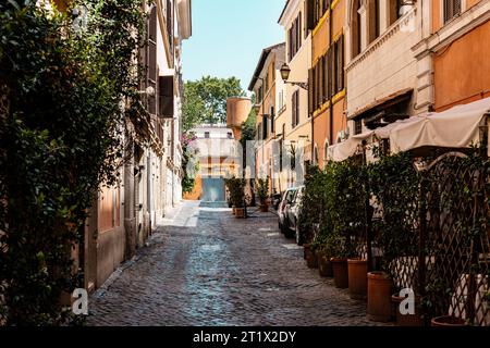 Edifici con piante in vaso a Travestere. Bella facciata con persiane. Marciapiede pavimentato Foto Stock