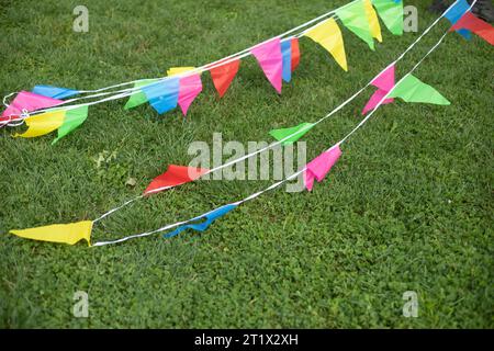 Bandiere su una corda. Bandiere di colori diversi sulle corde. Dettagli delle vacanze estive. Tessuto colorato su erba verde. Foto Stock