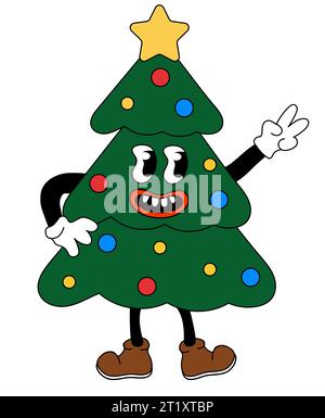 Rétro 70s 60s 80s Hippie Groovy Christmas Tree personaggio mostra segno di pace. Illustrazione vettoriale piatta. Illustrazione Vettoriale
