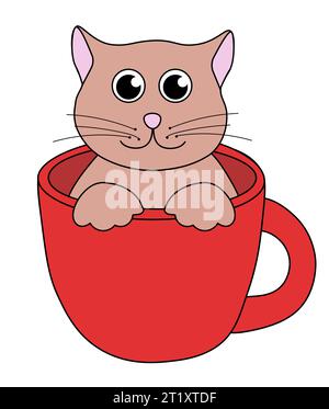 Cartone animato Brown Cat Character. Carino gattino seduto in una tazza rossa. Illustrazione vettoriale piatta. Illustrazione Vettoriale