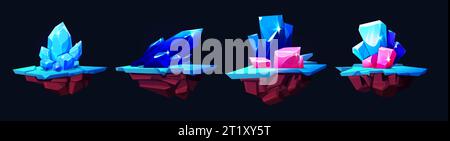 Set di isole di gioco volanti con pietre preziose isolate su sfondo nero. Illustrazione di cartoni animati vettoriali con pezzi di terra galleggianti con cristalli minerali blu e rosa, rocce ghiacciate su superficie ghiacciata, elementi ui Illustrazione Vettoriale