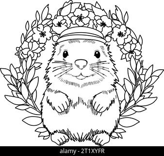 Groundhog Day 2 febbraio. Carino castoro per animali. Libro da colorare per il giorno della ricotta. Illustrazione Vettoriale