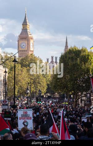 Protesta per la Palestina dopo l'escalation dell'azione militare nel conflitto della Striscia di Gaza tra Israele e Hamas. I manifestanti si stanno affollando a Whitehall Foto Stock