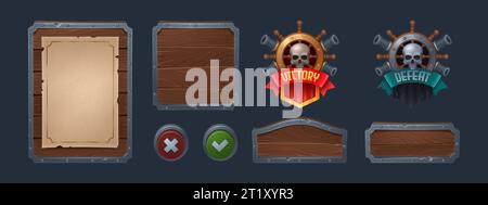 Elementi dell'interfaccia utente del gioco Pirate Adventure isolati sullo sfondo. Illustrazione di cartoni animati vettoriali di tavole di legno con cornici di ferro, sfondo menu, foglio di carta vecchio bianco, badge di vittoria e sconfitta, targhette Illustrazione Vettoriale