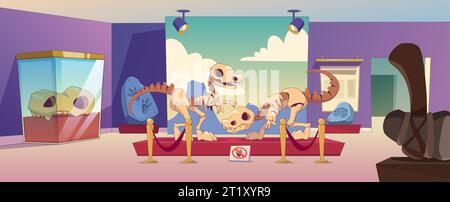 Scheletro di dinosauro e fossile nell'illustrazione vettoriale del museo di storia. Podio archeologico per ossa animali e pietra preistorica antica con impronta di tyrannosaurus. Galleria di Paleontologia: Mostra gli interni Illustrazione Vettoriale