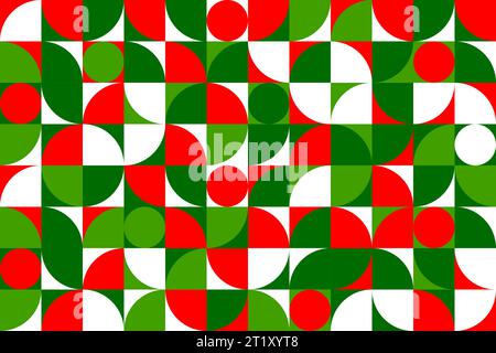 Motivo geometrico astratto moderno natalizio. Piastrelle rosse, verdi e bianche. Quadrati vettoriali con cerchi ed elementi arrotondati. Sfondo con forme colorate. Motivi alla moda per festeggiare il Natale o il Capodanno Illustrazione Vettoriale