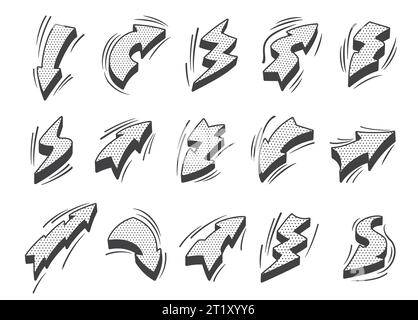 Frecce fumetti Lightning thunderbolt, energia flash fumetti monocromatici, icone vettoriali. Simboli freccia con bullone passante nello schizzo del doodle con frecce a mezzitoni, luci o supereroi Illustrazione Vettoriale