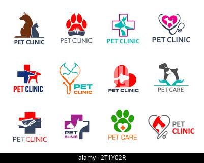Icone della clinica per animali domestici con cani e gatti. Medicina veterinaria vettoriale, veterinario ospedale o negozio di animali domestici simboli di cane o cucciolo, gatto o gattino con cuore, stetoscopio, zampa animale, segni medici croce Illustrazione Vettoriale