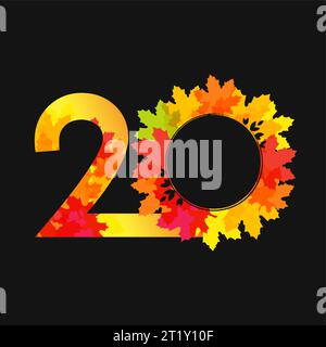 Autunno numero 20. Logo autunnale. Titolo del calendario di settembre, ottobre, novembre 20. Corona natalizia con foglie rosse, arancioni e gialle. Simbolo stagionale Illustrazione Vettoriale