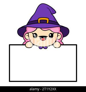 Simpatico personaggio della strega di Halloween in stile Kawaii con lavagna bianca Illustrazione Vettoriale