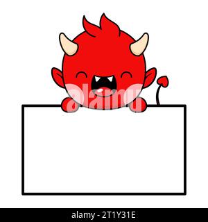 Simpatico personaggio di Halloween Red Devil in stile Kawaii con lavagna bianca Illustrazione Vettoriale