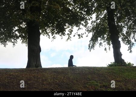 Ein Mann geht am Donnerstag 12.10.2023 in der Hanse- und Universitätsstadt Rostock über die örtlichen Wallanlagen. Senna silhouette bildet sich dabei vor einem bewölkten Himmel am Horizont ab. für die kommenden Tage erwarten die Metrologen nel Meclemburgo Vorpommern eher wolkiges Wetter und etwas Regen. Dazu wird es zunächst noch etwas wärmer und windiger. Doch die Sonne macht sich etwas rar, quindi dass es wahrscheinlich immer mehr Wolken geben wird. *** Un uomo cammina giovedì 12 10 2023 nella città anseatica e universitaria di Rostock sopra i bastioni locali la sua silhouette è formata contro un clo Foto Stock